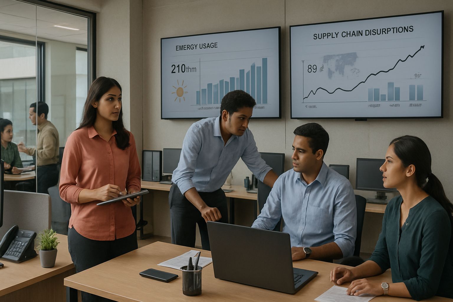 Operational staff in India monitor Summer and Winter impact on business continuity in a realistic office workspace.